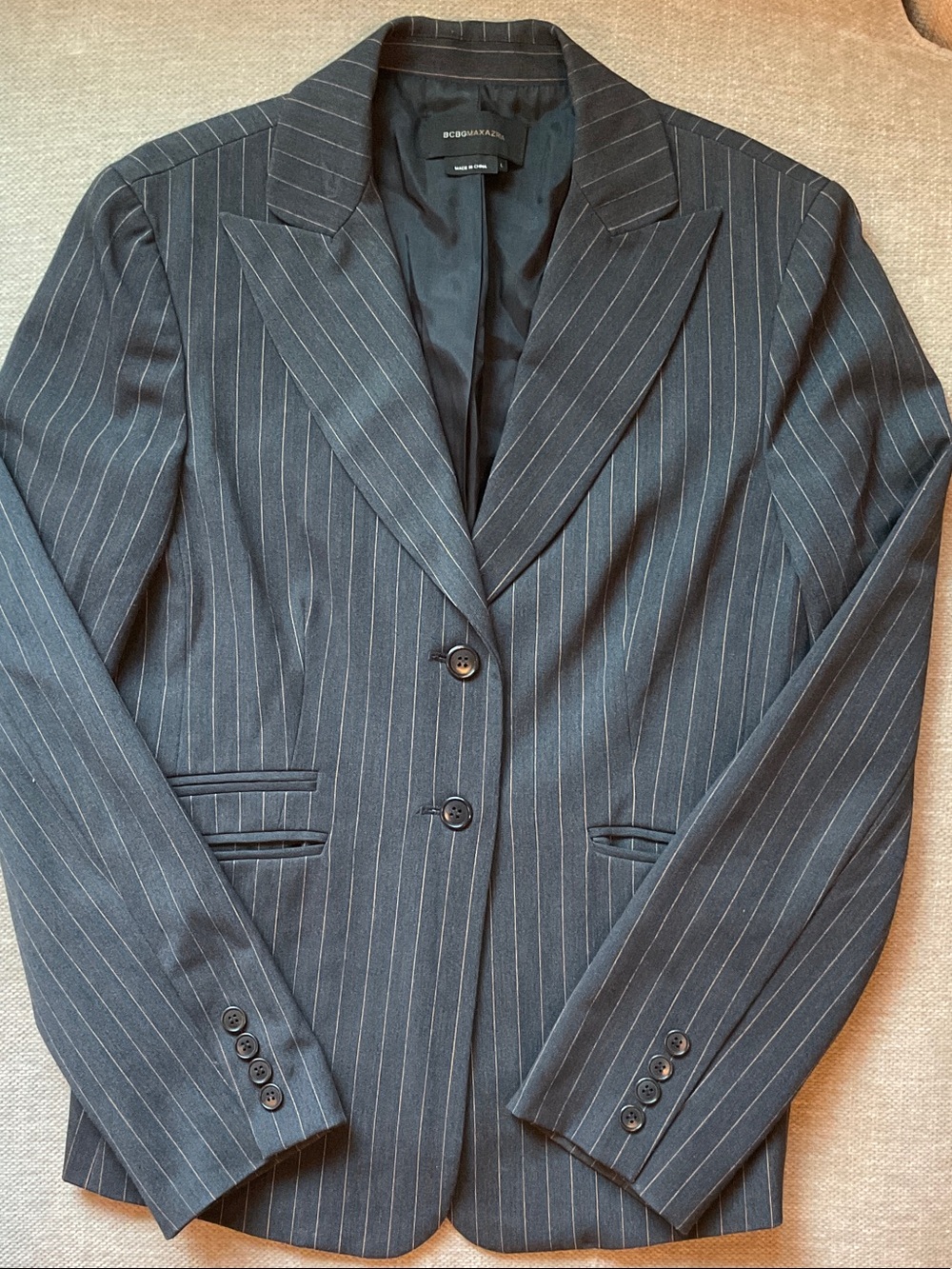 BCBGMaxAzria Charcoal Black light peach  Pinstripe Two-Button Women's Blazer